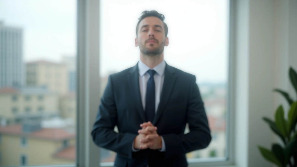 Homme d'affaires en tenue de travail pratiquant la respiration consciente près d'une fenêtre avec vue sur la ville, expression sereine