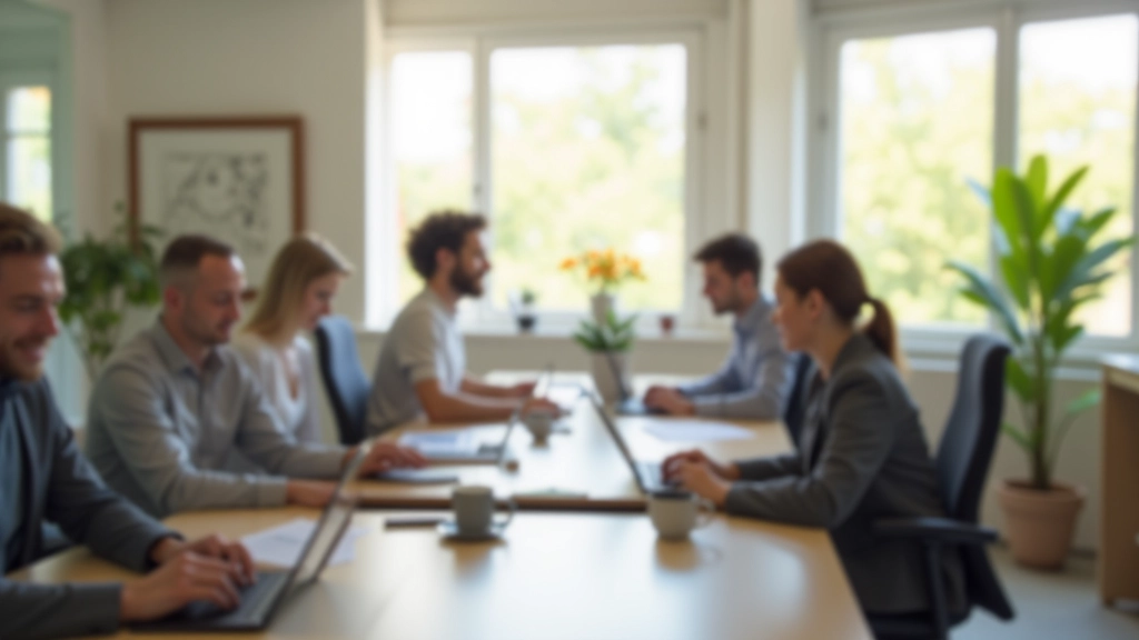 Groupe de professionnels dans un espace de travail calme, certains pratiquant la respiration consciente, atmosphère sereine et productive
