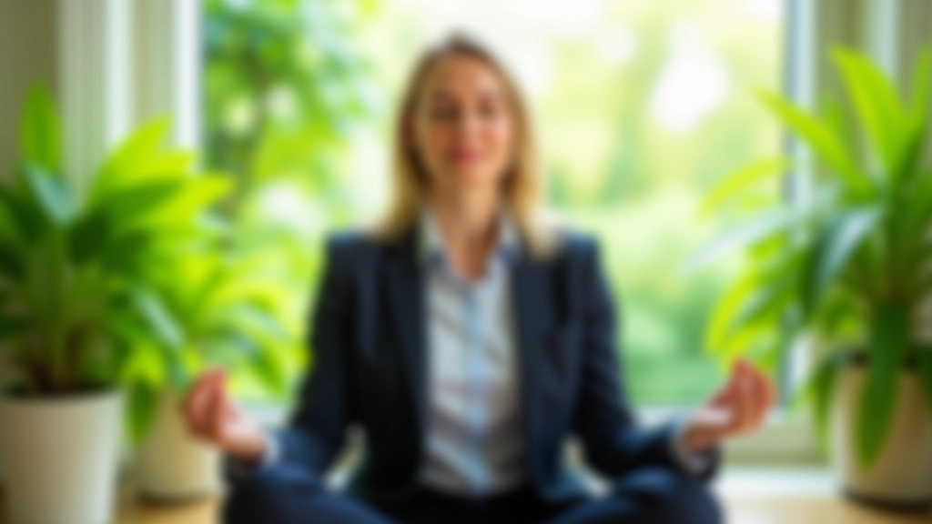 Professionnel en méditation dans un environnement serein et lumineux, position assise zen, plantes vertes en arrière-plan