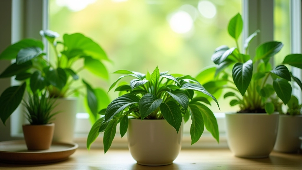 Plantes vertes d'intérieur dans pots en céramique, feuillage luxuriant, air purifié, ambiance naturelle apaisante