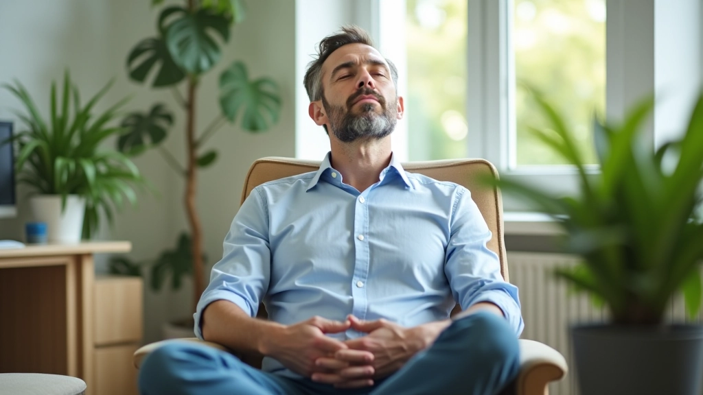Homme en tenue professionnelle assis confortablement dans un fauteuil, pratiquant le scan corporel avec une posture détendue et concentrée