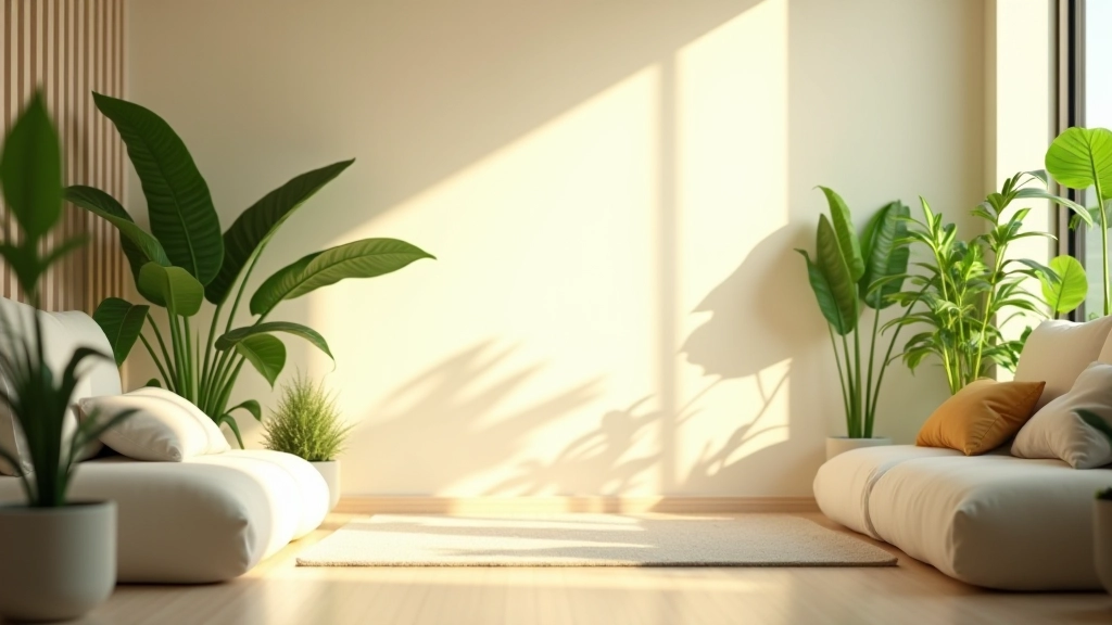 Espace de relaxation minimaliste avec plantes vertes, lumière naturelle douce, coussins confortables et atmosphère sereine