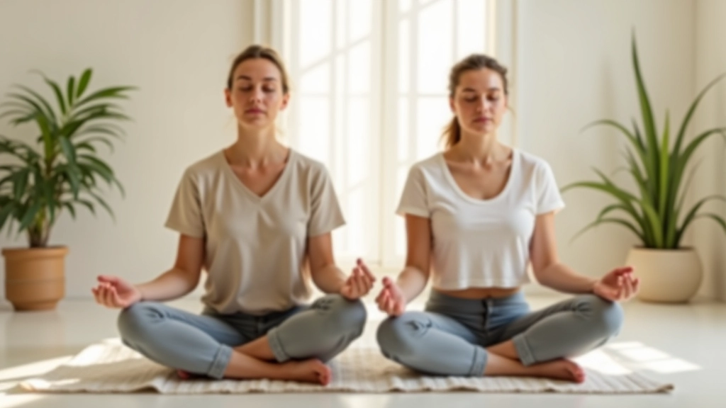 Vue rapprochée de deux professionnels pratiquant ensemble le scan corporel dans une salle de relaxation bien aménagée