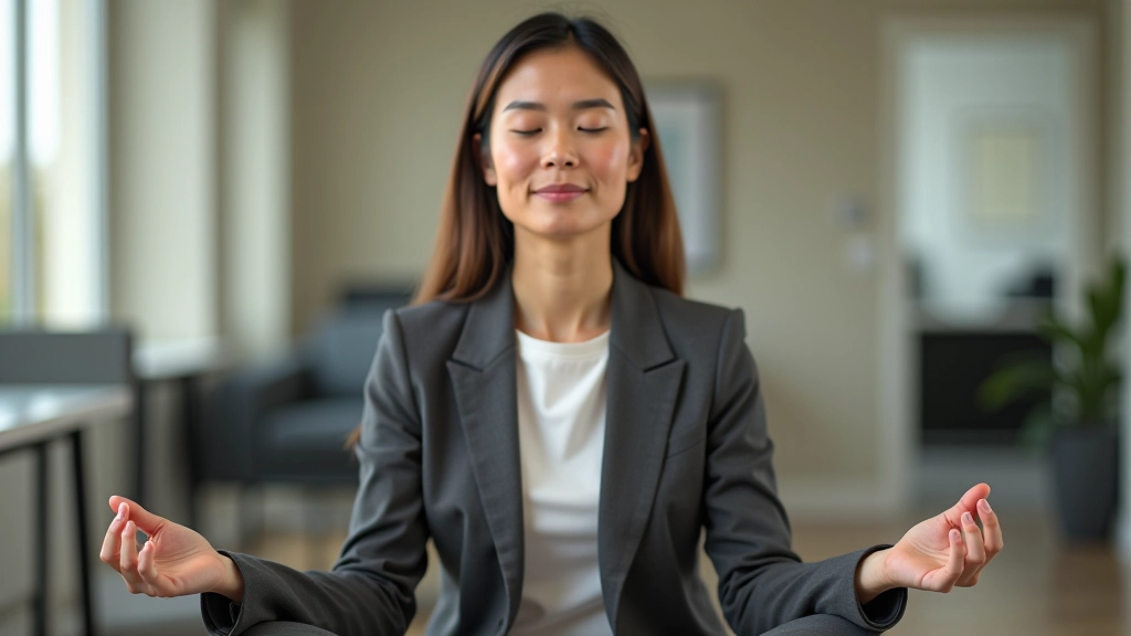 Femme professionnelle en tenue de travail, assise en position de méditation, lumière naturelle douce, concentration sereine