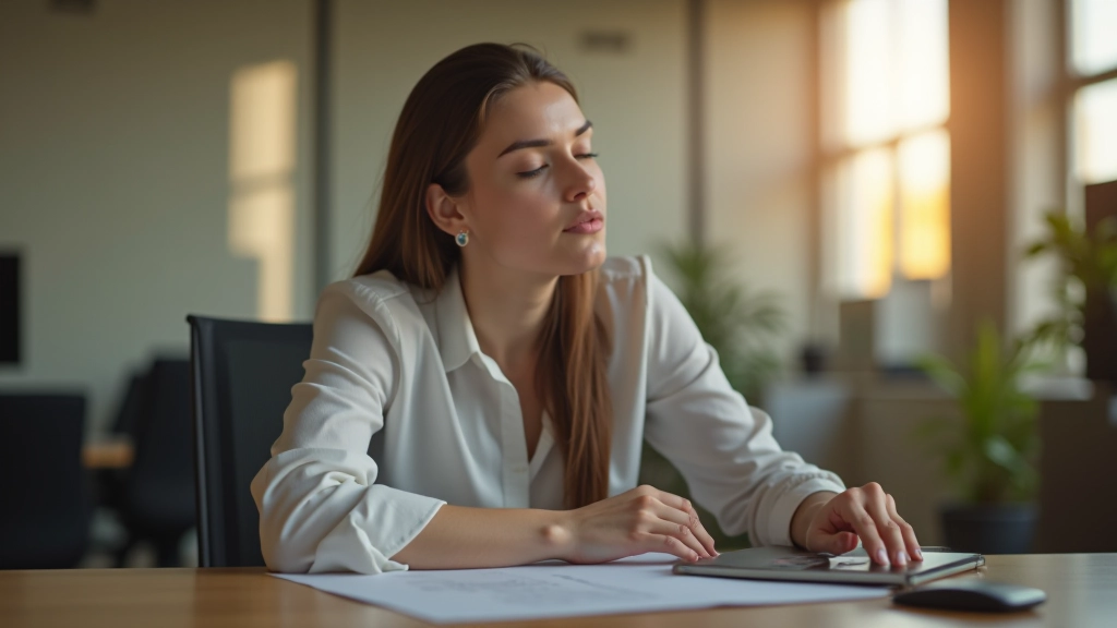 Femme professionnelle au bureau pratiquant la respiration consciente, mains sur le ventre, expression calme et concentrée