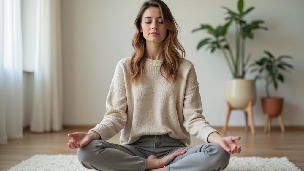 Femme en position assise confortable, les yeux fermés, effectuant une technique de scan corporel dans un espace serein