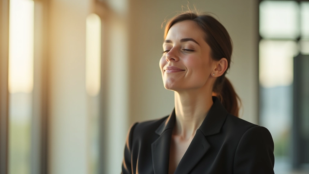Femme dans un environnement professionnel, prenant une pause pour respirer profondément, l'air plus détendue et concentrée
