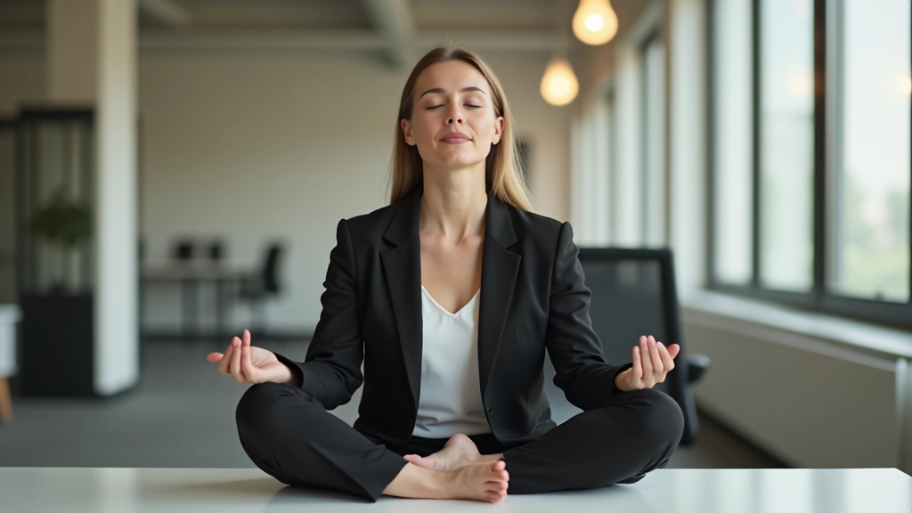 Femme professionnelle en position de méditation assise à son bureau, les yeux fermés, environnement calme et serein