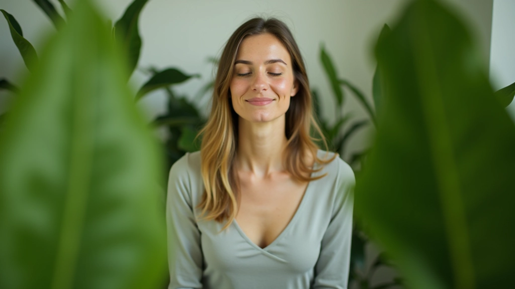 Femme professionnelle assise dans un environnement de détente avec plantes vertes, yeux fermés, posture détendue et équilibrée